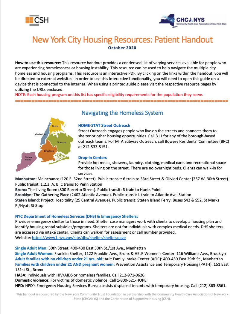 NYC Housing Resources_Patient Handout.pdf Community Health Care